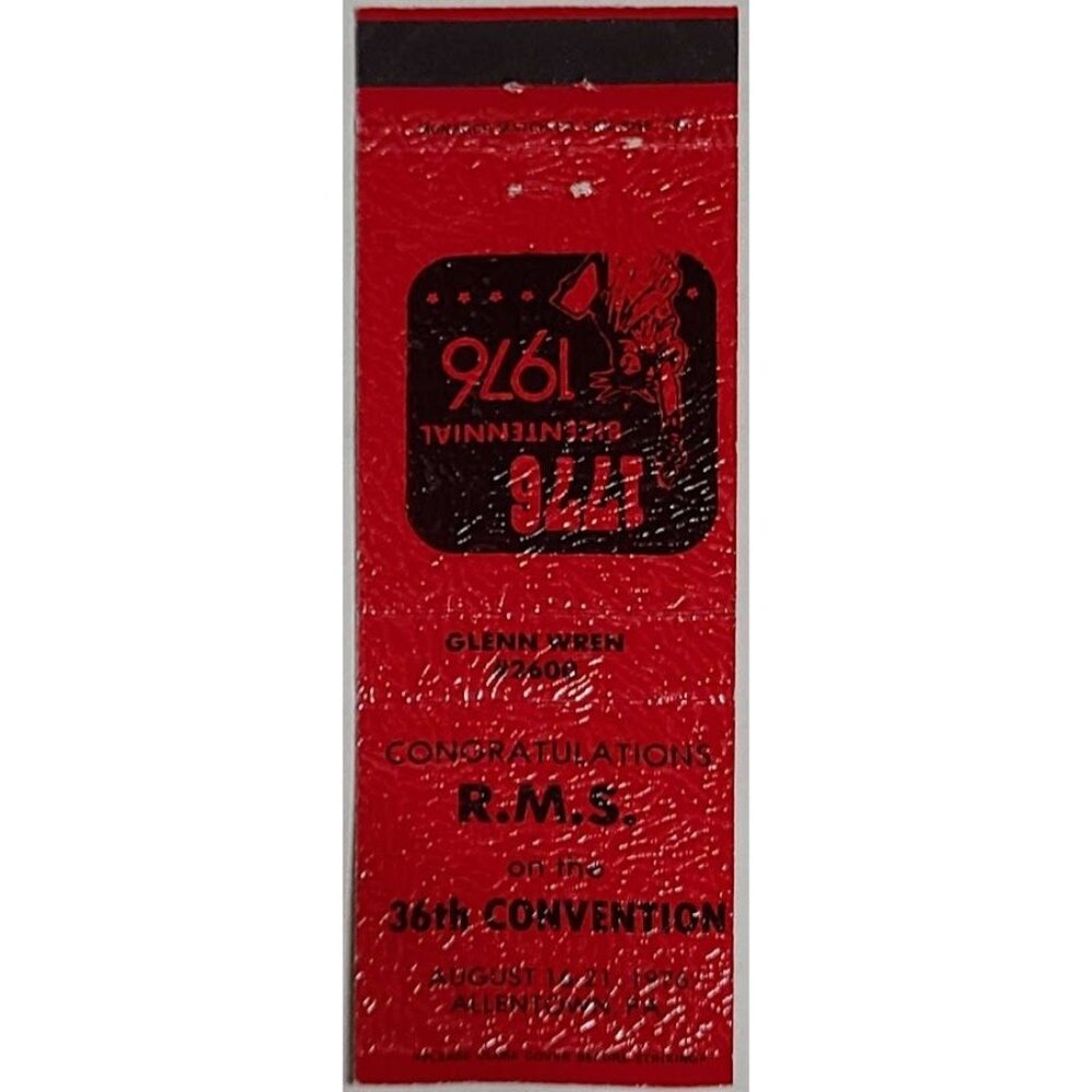 Vintage Matchbook Cover RMS 36th Convention 1976 Allentown PA Bicentennial Red